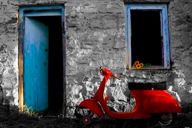 DE119 Wall décor art photographic on canvas red vespa scooter by blue door